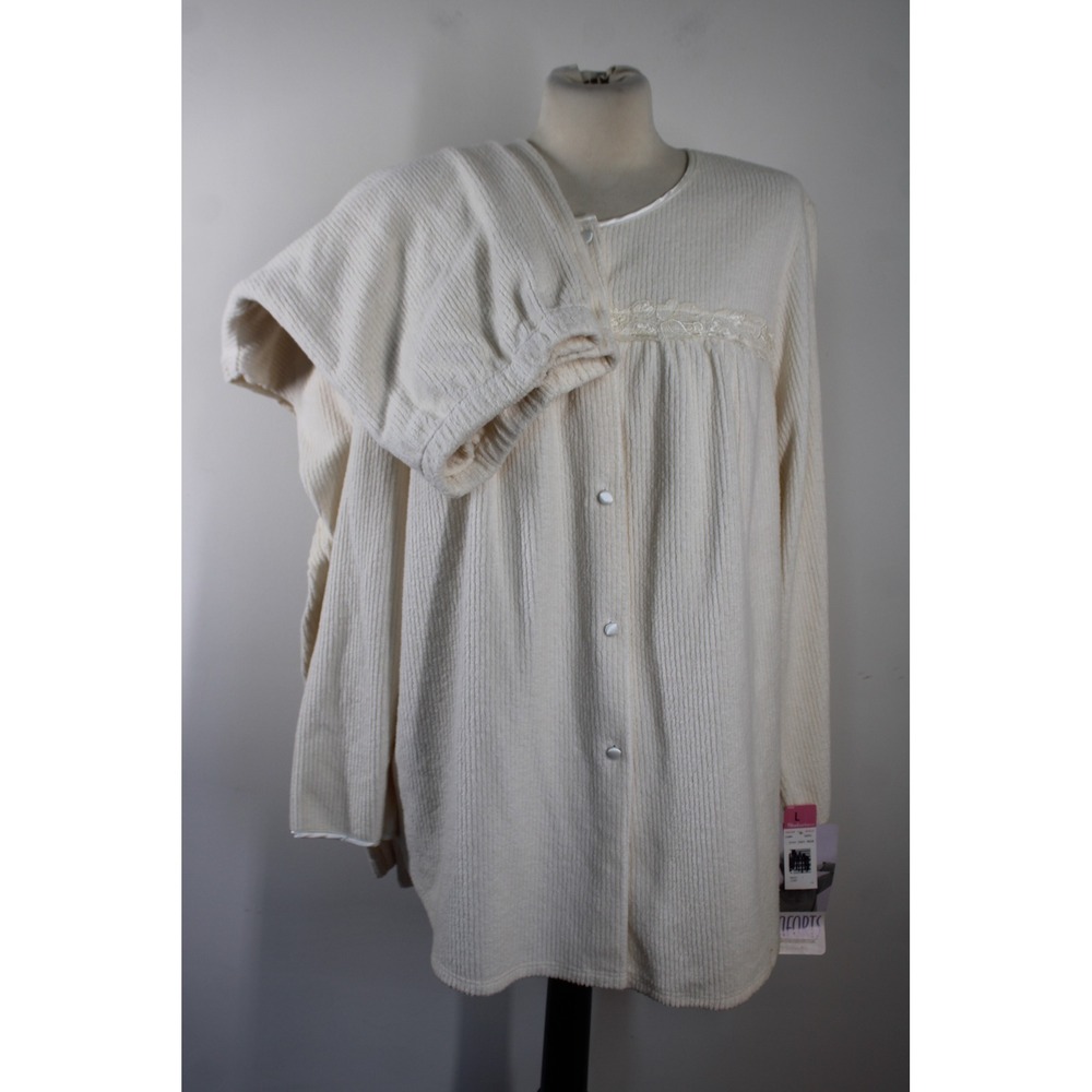 NWD Vtg Shadowline L Ivory Pajama Top Pants Set Ribbed Chenille Lace Trim
